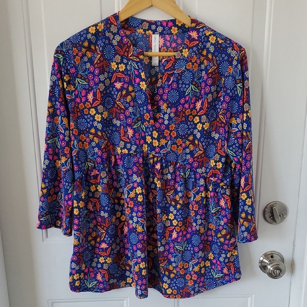 Scarlett Pink and Blue Boxy Blouse with Mandarin Collar